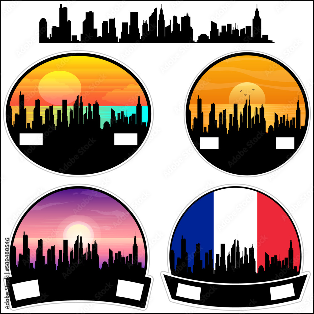 Dammarie le Lys Skyline Silhouette France Flag Travel Souvenir Sticker Sunset Background Vector Illustration SVG EPS AI