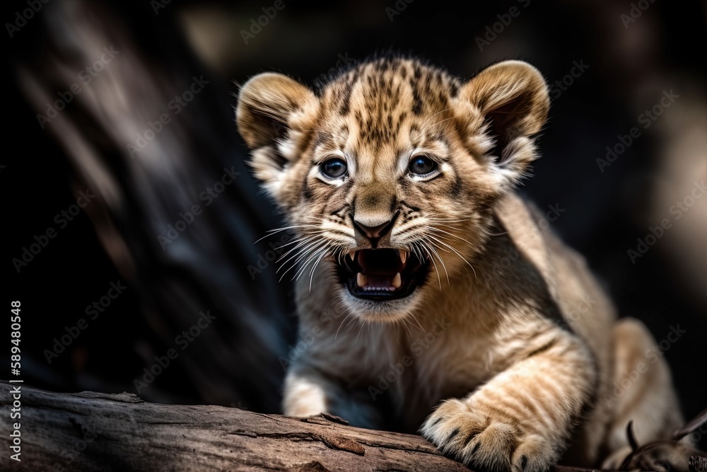 A lion cub playing outdoors, made with generative ai A lion cub playing outdoors, made with generative ai