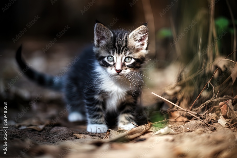 A cute kitten playing outdoors, made with generative ai