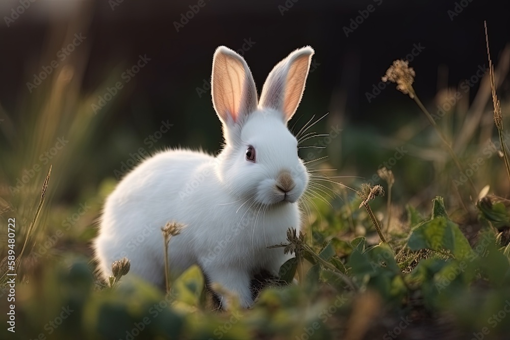 A cute white rabbit playing outdoors, made with generative ai