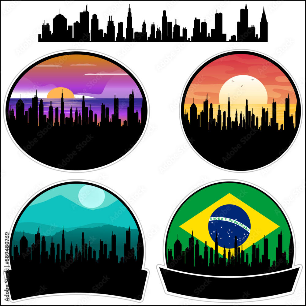 Eirunepe Skyline Silhouette Brazil Flag Travel Souvenir Sticker Sunset Background Vector Illustration SVG EPS AI