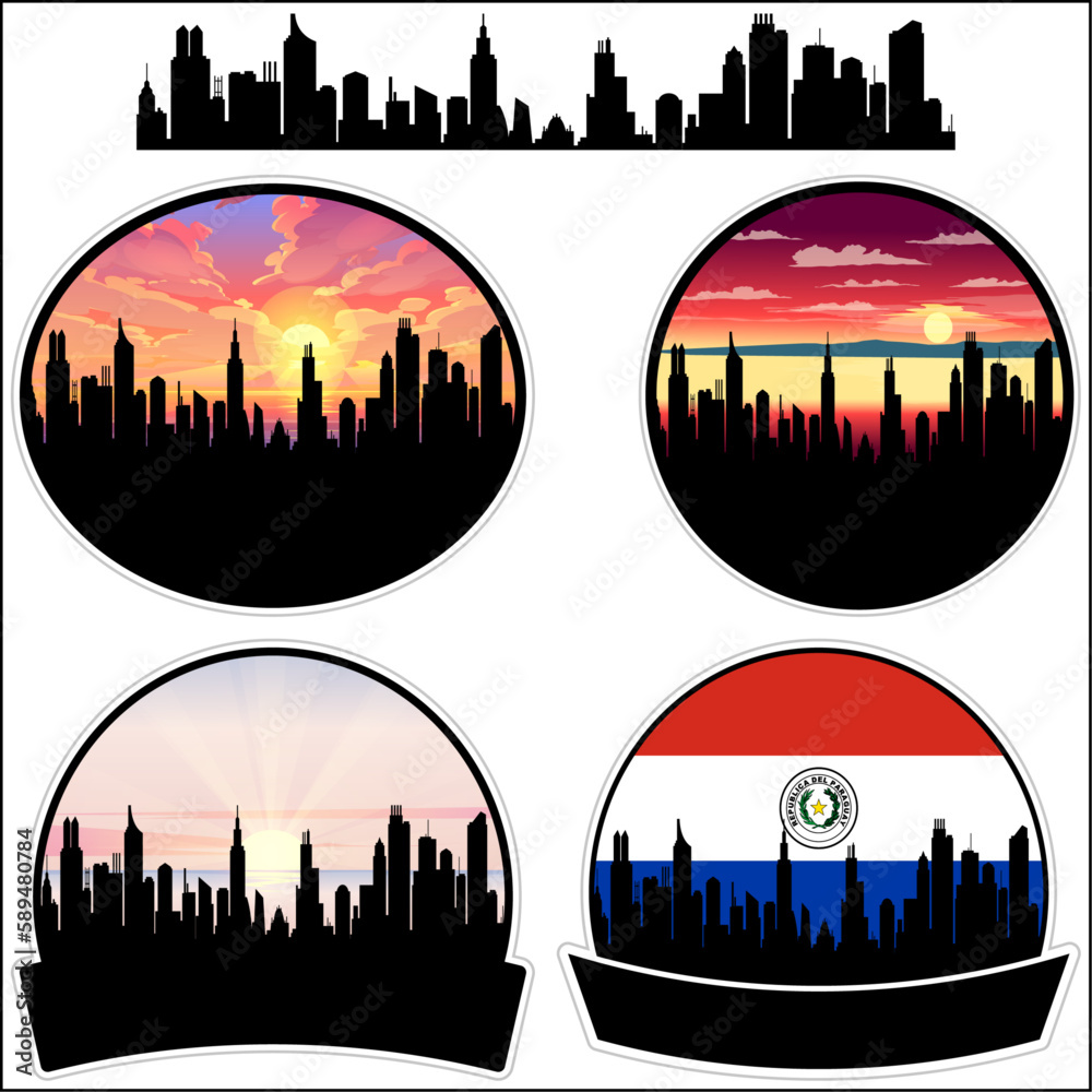 Caacupe Skyline Silhouette Paraguay Flag Travel Souvenir Sticker Sunset Background Vector Illustration SVG EPS AI