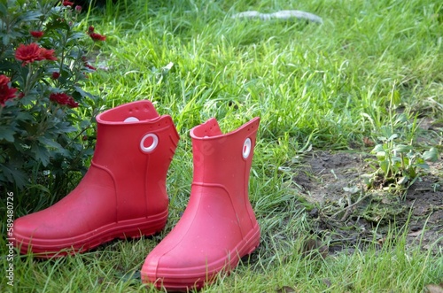 rubber boots stand near the lawn for work on the site