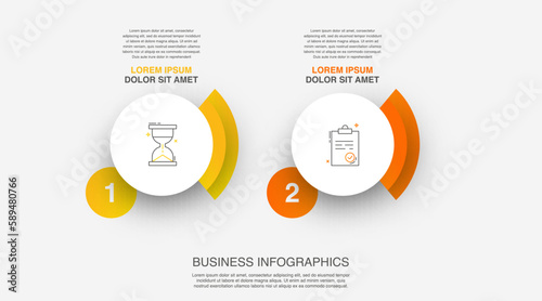 Vector infographic design template. Modern timeline concept with 2 steps, circles. Vector illustration used for diagram, workflow layout, banner, webdesign