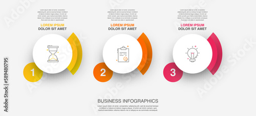 Vector infographic design template. Modern timeline concept with three steps, circles. Vector illustration used for diagram, workflow layout, banner, webdesign