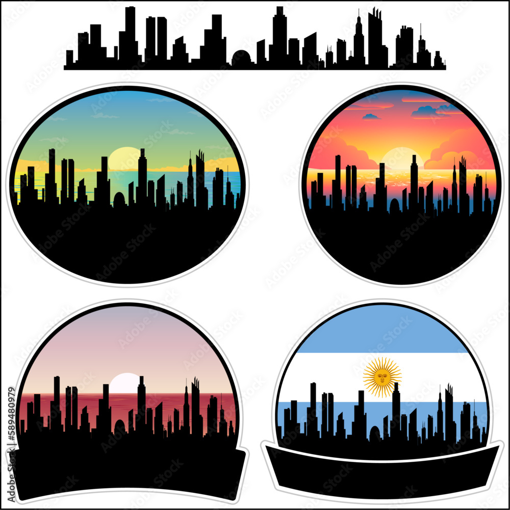 Dean Funes Skyline Silhouette Argentina Flag Travel Souvenir Sticker Sunset Background Vector Illustration SVG EPS AI