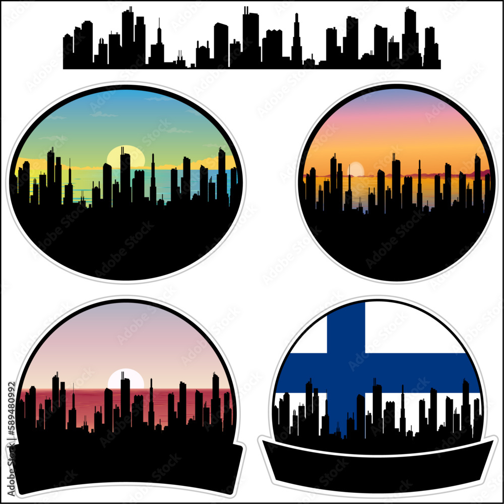 Jamsa Skyline Silhouette Finland Flag Travel Souvenir Sticker Sunset Background Vector Illustration SVG EPS AI
