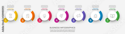 Vector infographic design template. Modern timeline concept with seven steps, circles. Vector illustration used for diagram, workflow layout, banner, webdesign