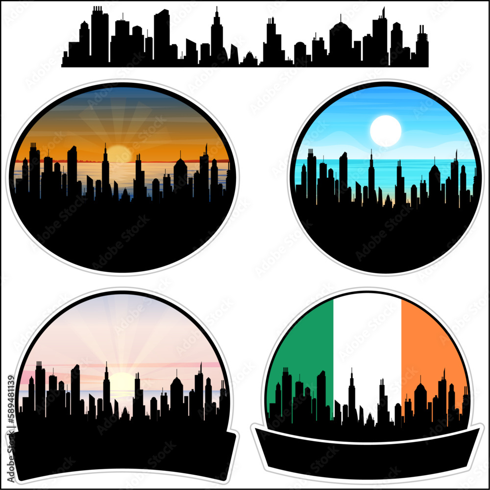 Naas Skyline Silhouette Ireland Flag Travel Souvenir Sticker Sunset Background Vector Illustration SVG EPS AI