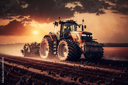 At sunset in the countryside, an agricultural machine creates certain rows of planting in cleared soil on a vast field. The tractor plows the land.Generative AI.