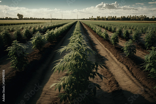Young cannabis plants, a farm plantation, and a hemp business. Hemp Farming Field. Generative AI