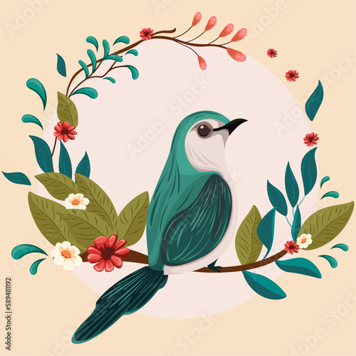Illustration with beautiful bird and flowers  leaves  nature  abstract leaf patterns  illustration  spring illustration 