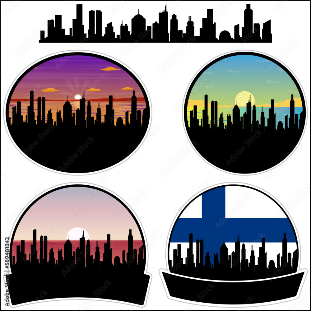 Valkeakoski Skyline Silhouette Finland Flag Travel Souvenir Sticker Sunset Background Vector Illustration SVG EPS AI