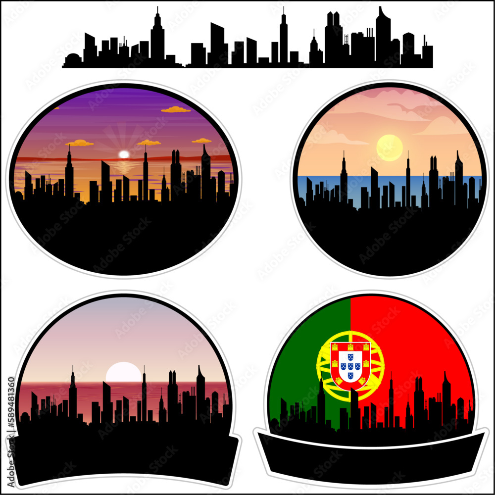 Cacem Skyline Silhouette Portugal Flag Travel Souvenir Sticker Sunset Background Vector Illustration SVG EPS AI