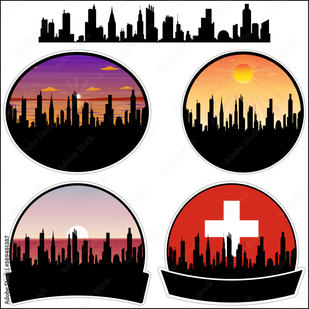 Aarau Skyline Silhouette Switzerland Flag Travel Souvenir Sticker Sunset Background Vector Illustration SVG EPS AI