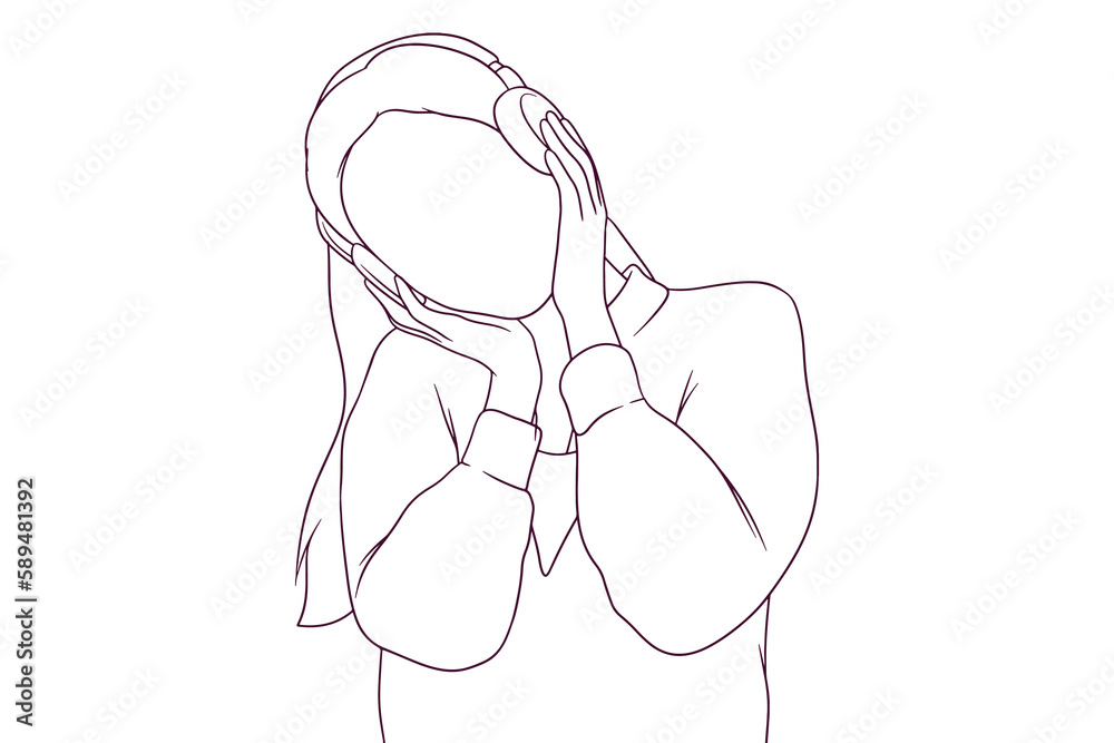 Young Woman Enjoying Music with Headphones. Hand Drawn Vector Illustration Young Woman Enjoying Music with Headphones. Hand Drawn Vector Illustration