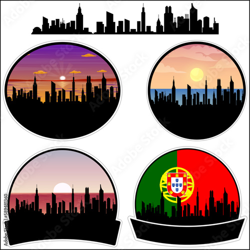 Cacem Skyline Silhouette Portugal Flag Travel Souvenir Sticker Sunset Background Vector Illustration SVG EPS AI photo