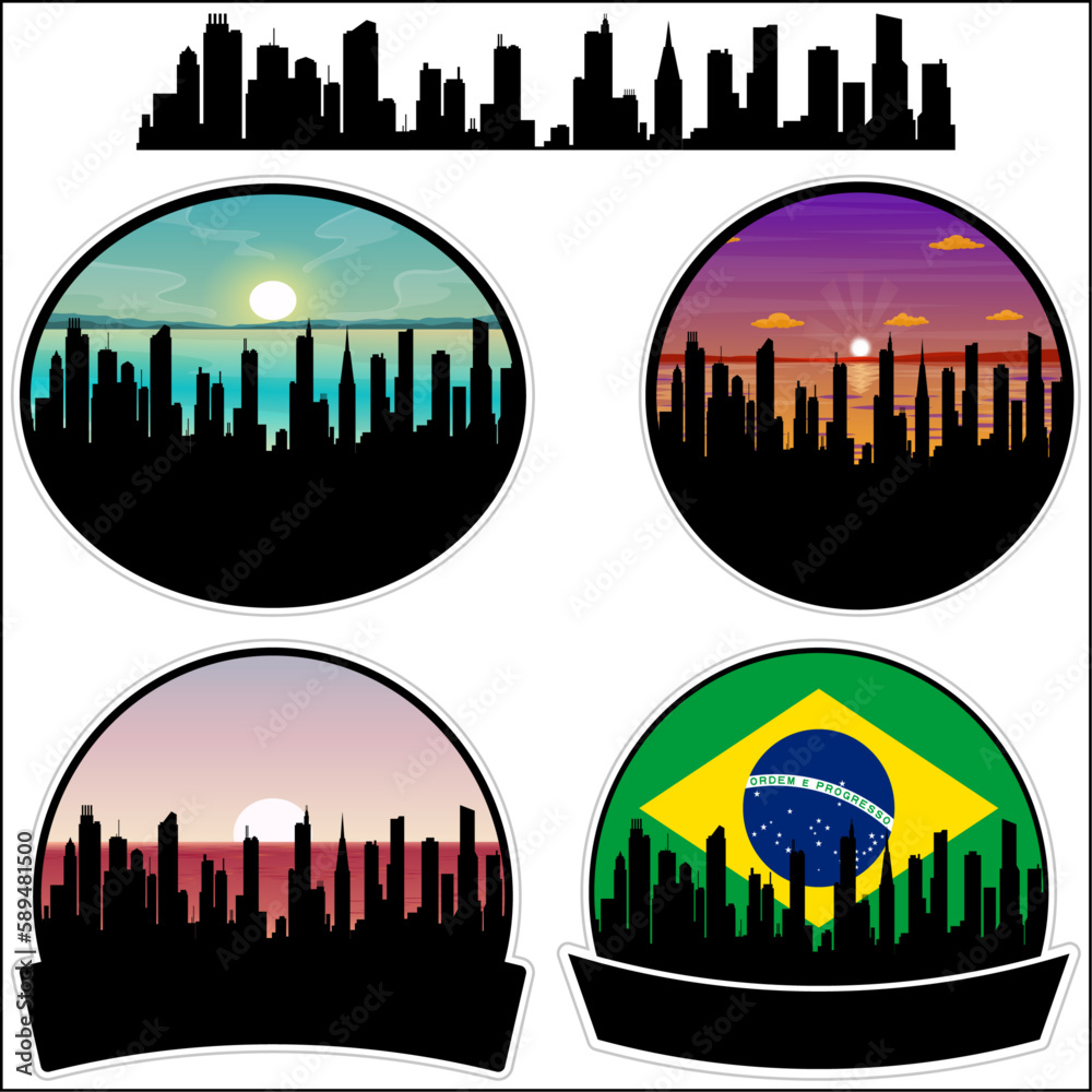Paracuru Skyline Silhouette Brazil Flag Travel Souvenir Sticker Sunset Background Vector Illustration SVG EPS AI