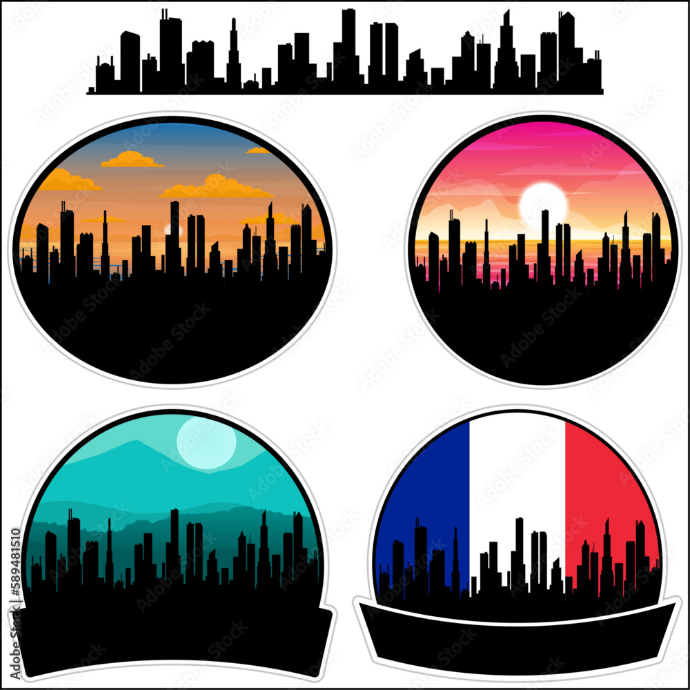 La Madeleine Skyline Silhouette France Flag Travel Souvenir Sticker Sunset Background Vector Illustration SVG EPS AI