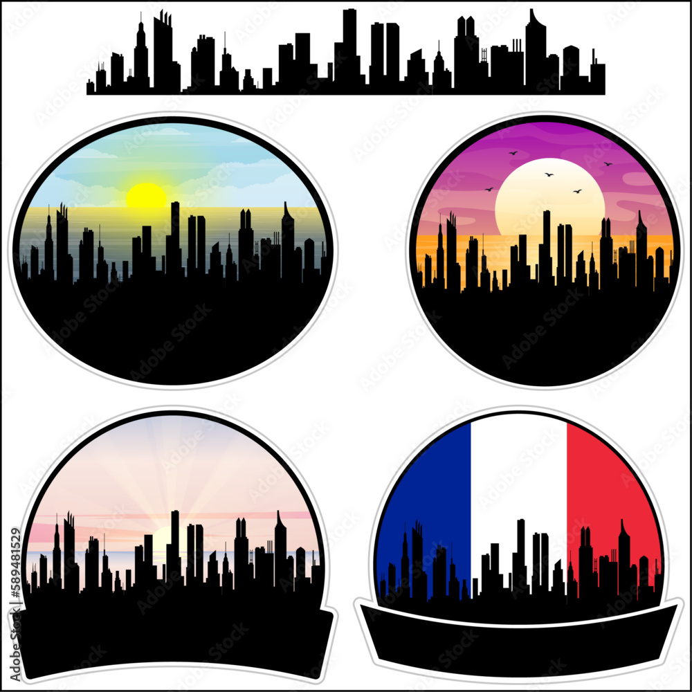 Longjumeau Skyline Silhouette France Flag Travel Souvenir Sticker Sunset Background Vector Illustration SVG EPS AI
