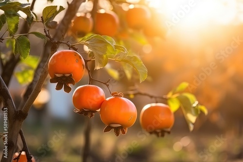 persimmon in orchard plantation, idea for agricultural and fruitfulness theme concept background wallpaper,  Generative Ai photo