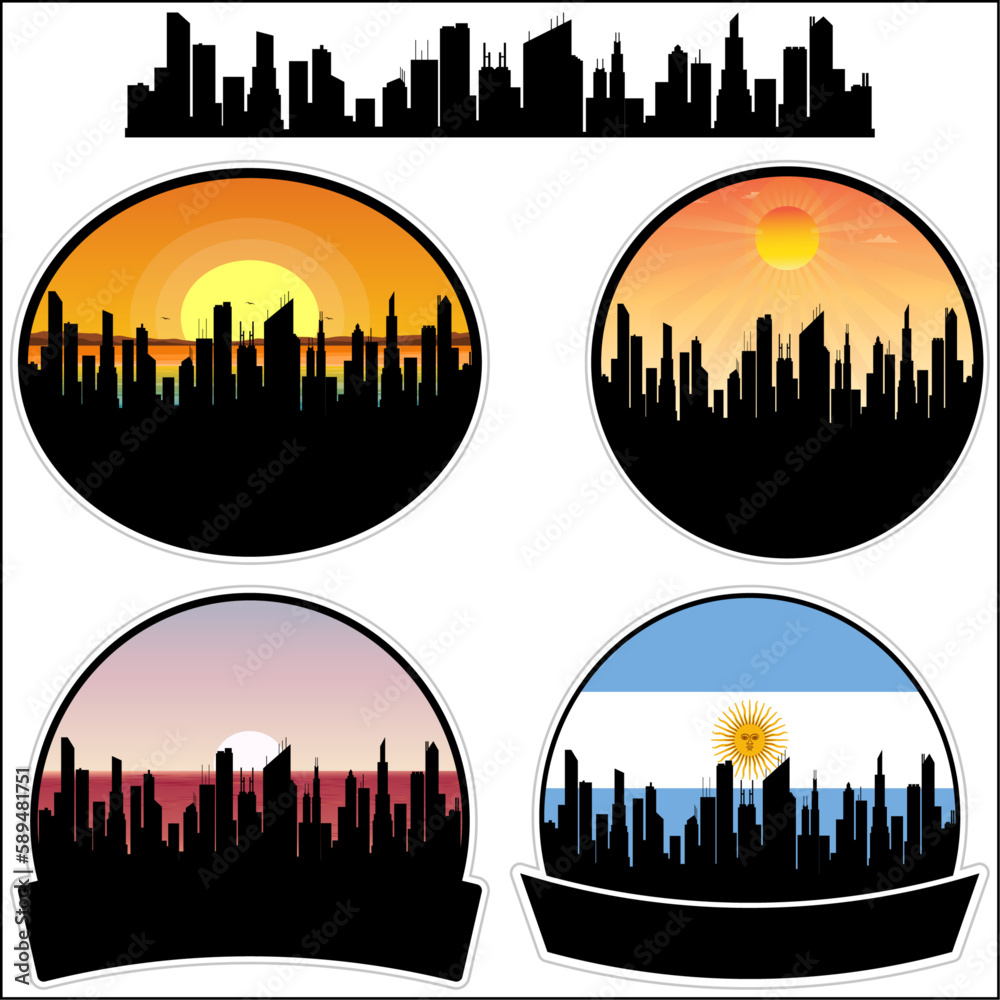 Chascomus Skyline Silhouette Argentina Flag Travel Souvenir Sticker Sunset Background Vector Illustration SVG EPS AI