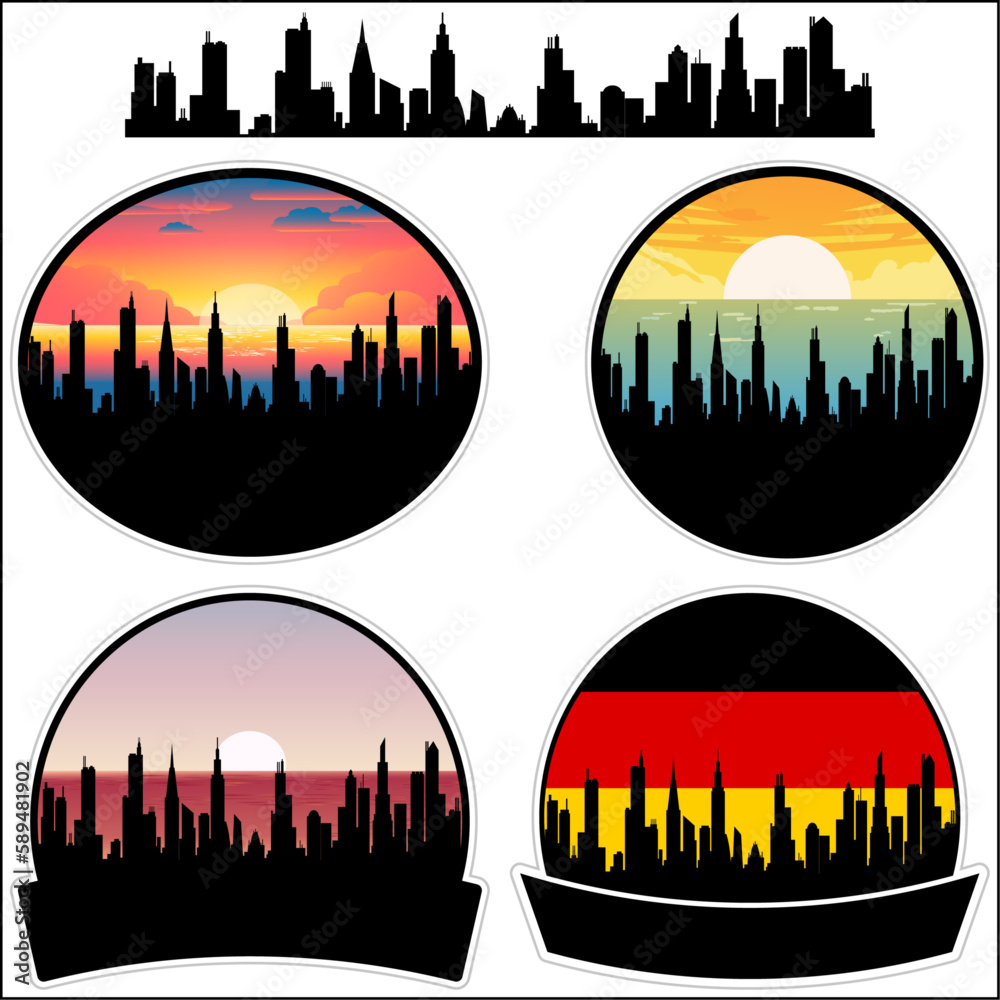 Traunreut Skyline Silhouette Germany Flag Travel Souvenir Sticker Sunset Background Vector Illustration SVG EPS AI