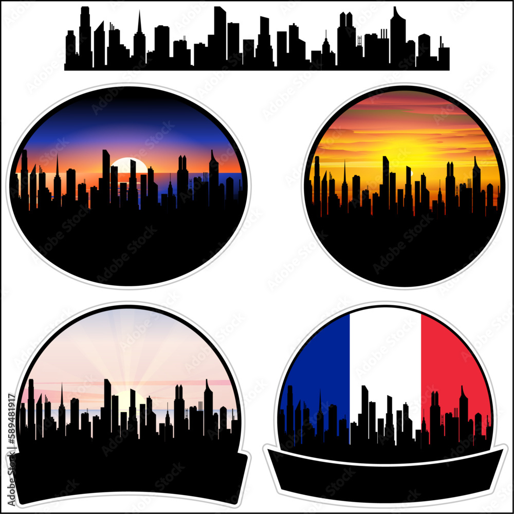 Acheres Skyline Silhouette France Flag Travel Souvenir Sticker Sunset Background Vector Illustration SVG EPS AI