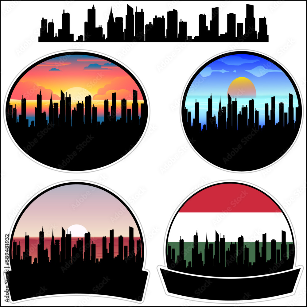 Vecses Skyline Silhouette Hungary Flag Travel Souvenir Sticker Sunset Background Vector Illustration SVG EPS AI