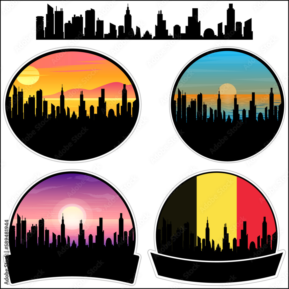 Eeklo Skyline Silhouette Belgium Flag Travel Souvenir Sticker Sunset Background Vector Illustration SVG EPS AI