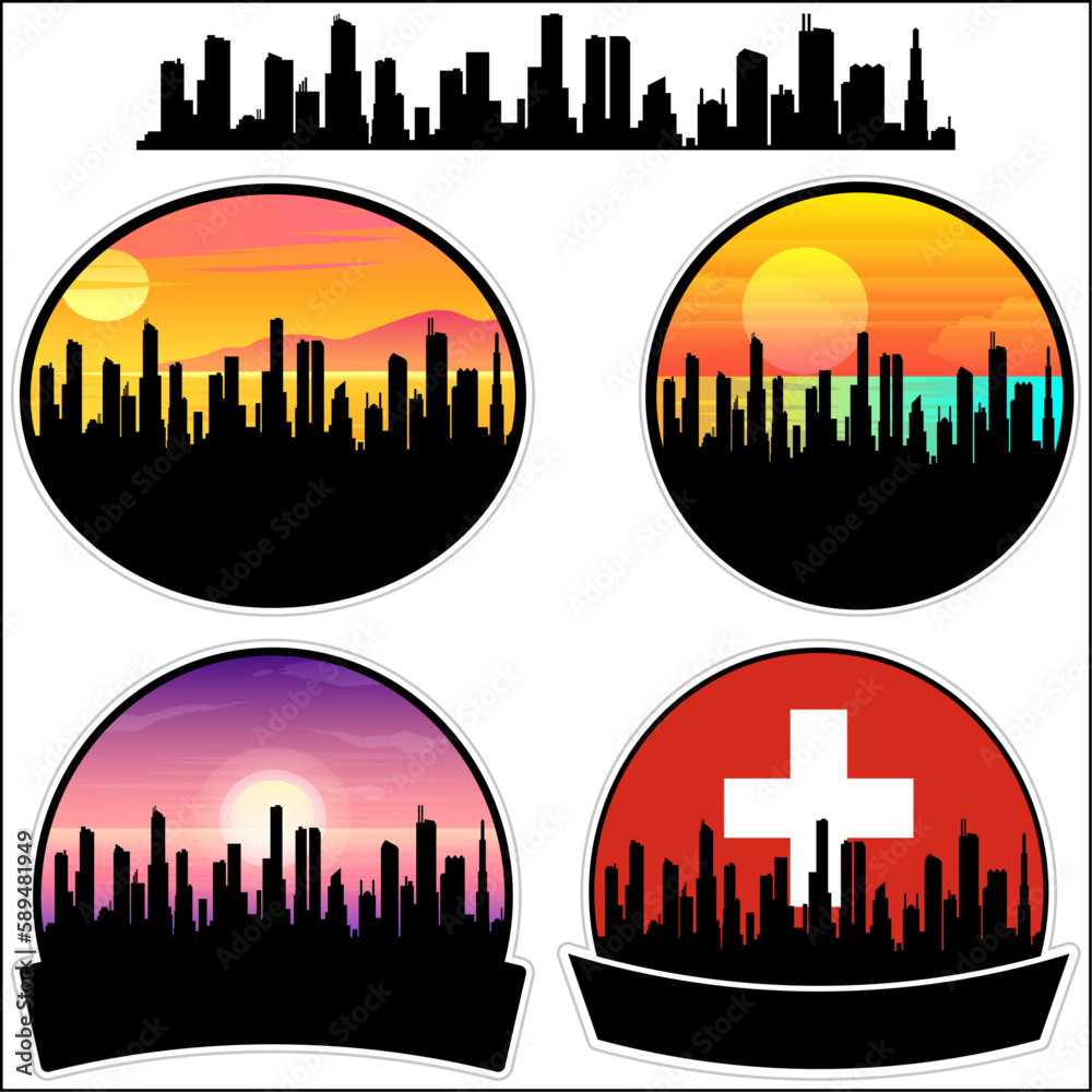 Renens Skyline Silhouette Switzerland Flag Travel Souvenir Sticker Sunset Background Vector Illustration SVG EPS AI