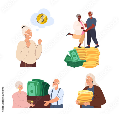 Senior Pensioner Couples,alone Female Characters Hold Huge Wallet with money,Green Bills,Notes.Concept of Financial Wealth,Pension Deductions,Savings,Wealthy Retirement.People Flat Vector Illustration