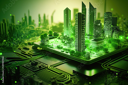Smart green city on circuit board background. Futuristic cyberspace concept. Generated AI
