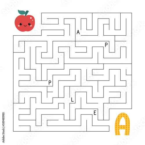 ABC maze game. Educational puzzle for kids. Labyrinth with letters. Help cartoon apple find right way to the letter A. Kawaii food. Activity worksheet. Vector illustration.