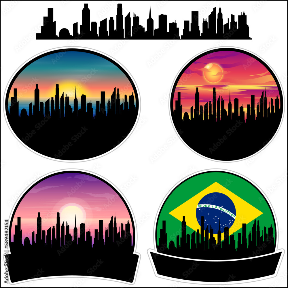 Nova Granada Skyline Silhouette Brazil Flag Travel Souvenir Sticker Sunset Background Vector Illustration SVG EPS AI