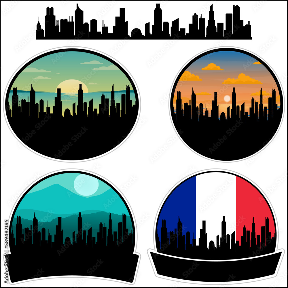 Challans Skyline Silhouette France Flag Travel Souvenir Sticker Sunset Background Vector Illustration SVG EPS AI