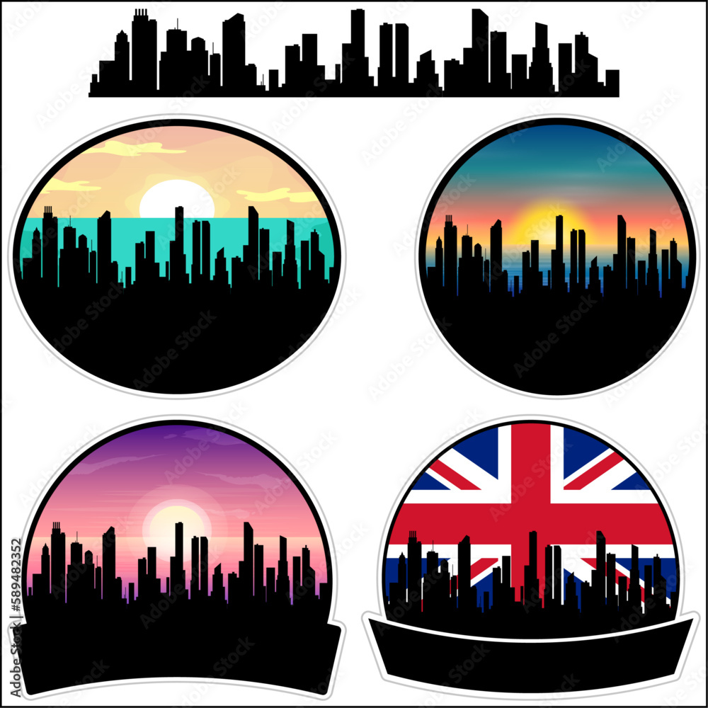 Hythe Skyline Silhouette Uk Flag Travel Souvenir Sticker Sunset Background Vector Illustration SVG EPS AI