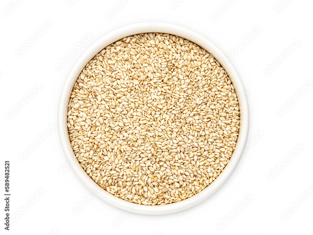 White sesame in a white bowl on a white background, isolate, close-up, top view. Flat lay.