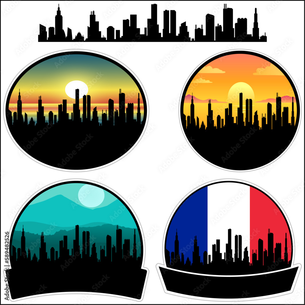 Pertuis Skyline Silhouette France Flag Travel Souvenir Sticker Sunset Background Vector Illustration SVG EPS AI