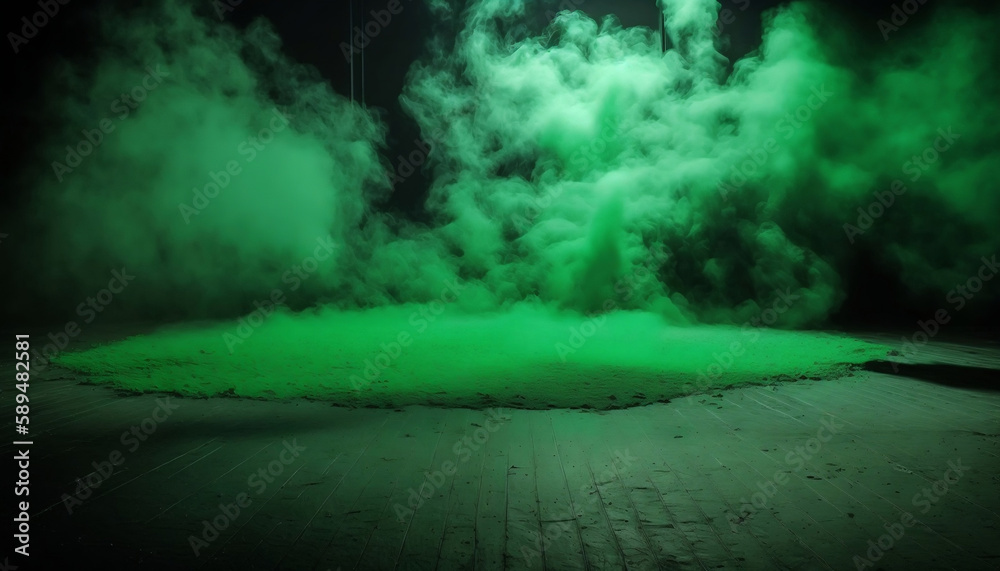 immerse yourself in an ethereal world: empty dark stage transformed with mist, fog, and green smoke, perfect for showcasing artistic works and products. generative ai