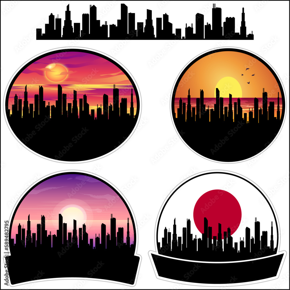 Takanabe Skyline Silhouette Japan Flag Travel Souvenir Sticker Sunset Background Vector Illustration SVG EPS AI