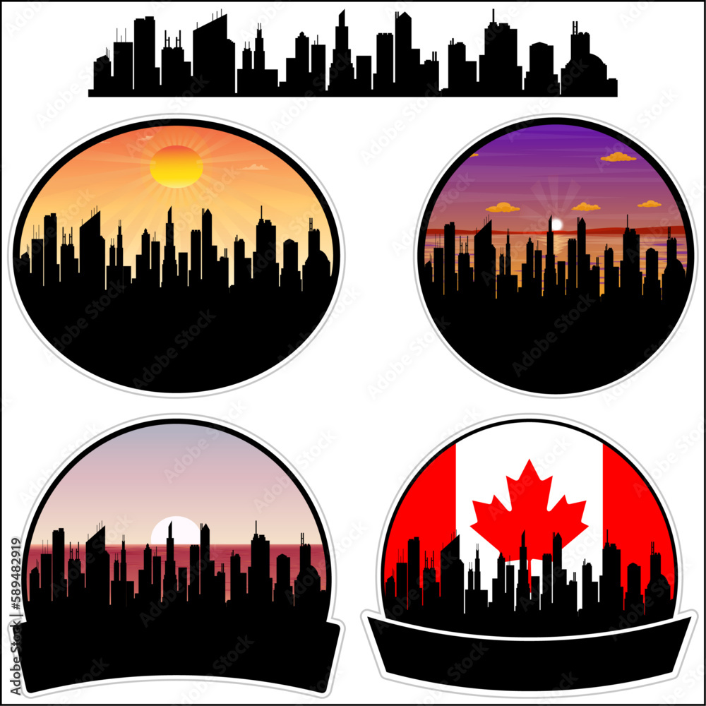 Kirkland Skyline Silhouette Canada Flag Travel Souvenir Sticker Sunset Background Vector Illustration SVG EPS AI