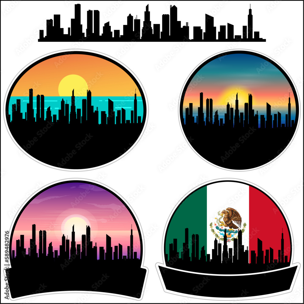 Metztitlan Skyline Silhouette Mexico Flag Travel Souvenir Sticker Sunset Background Vector Illustration SVG EPS AI