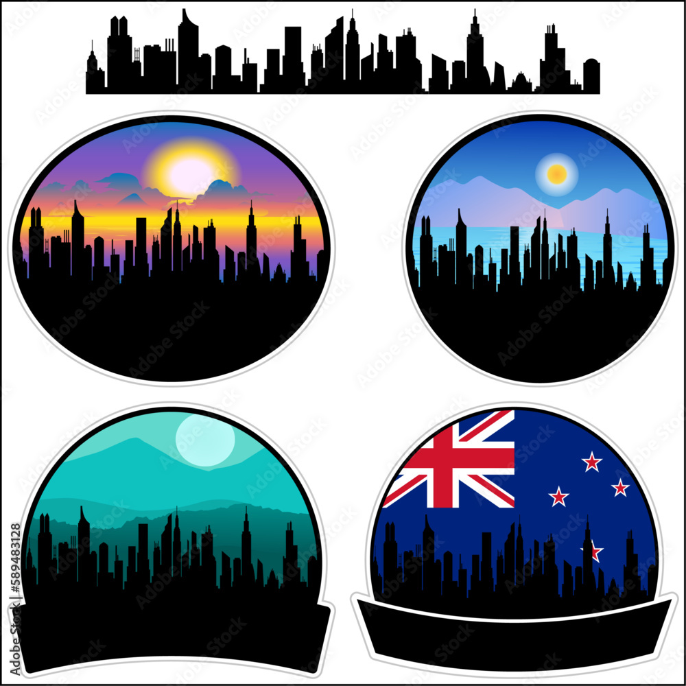 Masterton Skyline Silhouette New Zealand Flag Travel Souvenir Sticker Sunset Background Vector Illustration SVG EPS AI