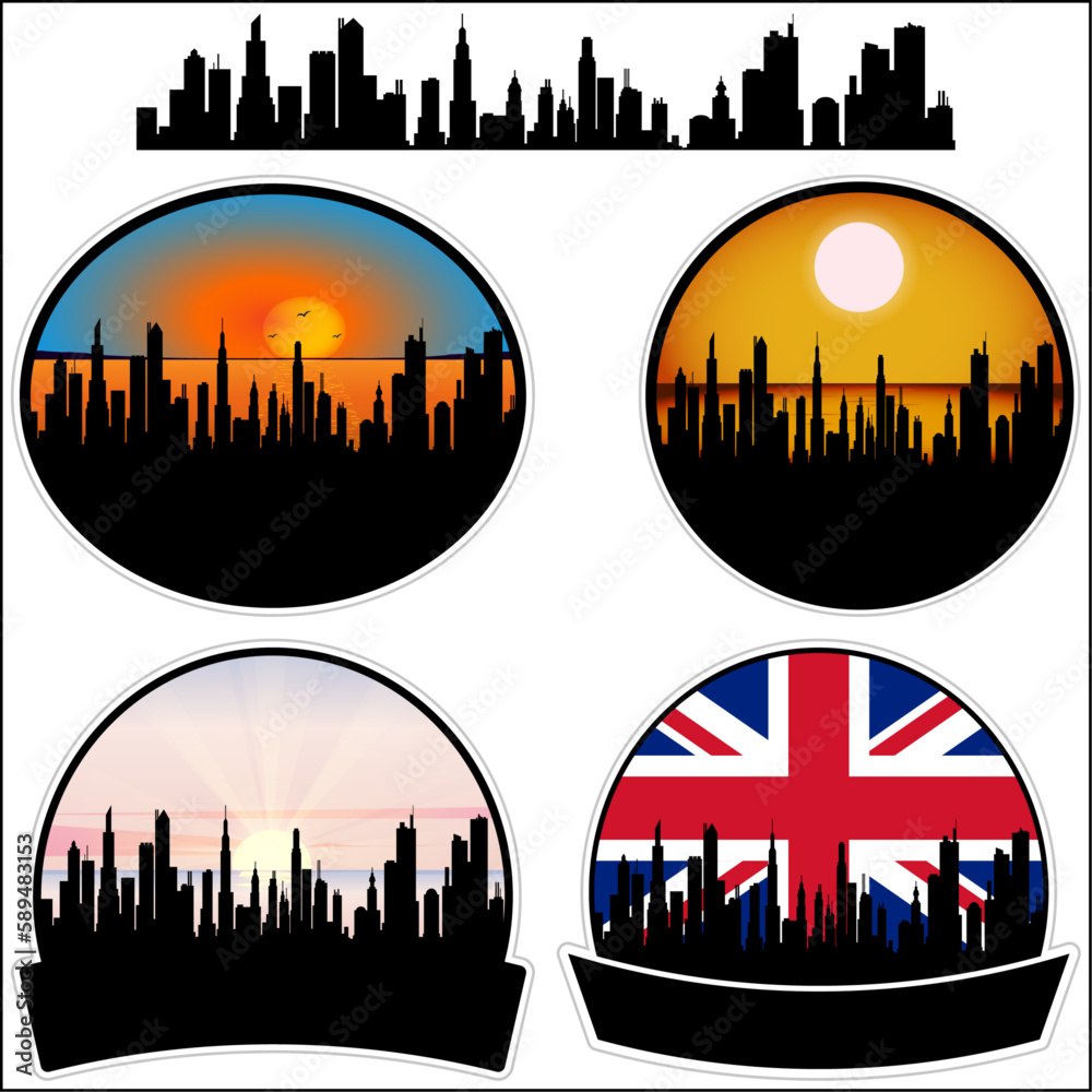 Bispham Skyline Silhouette Uk Flag Travel Souvenir Sticker Sunset Background Vector Illustration SVG EPS AI