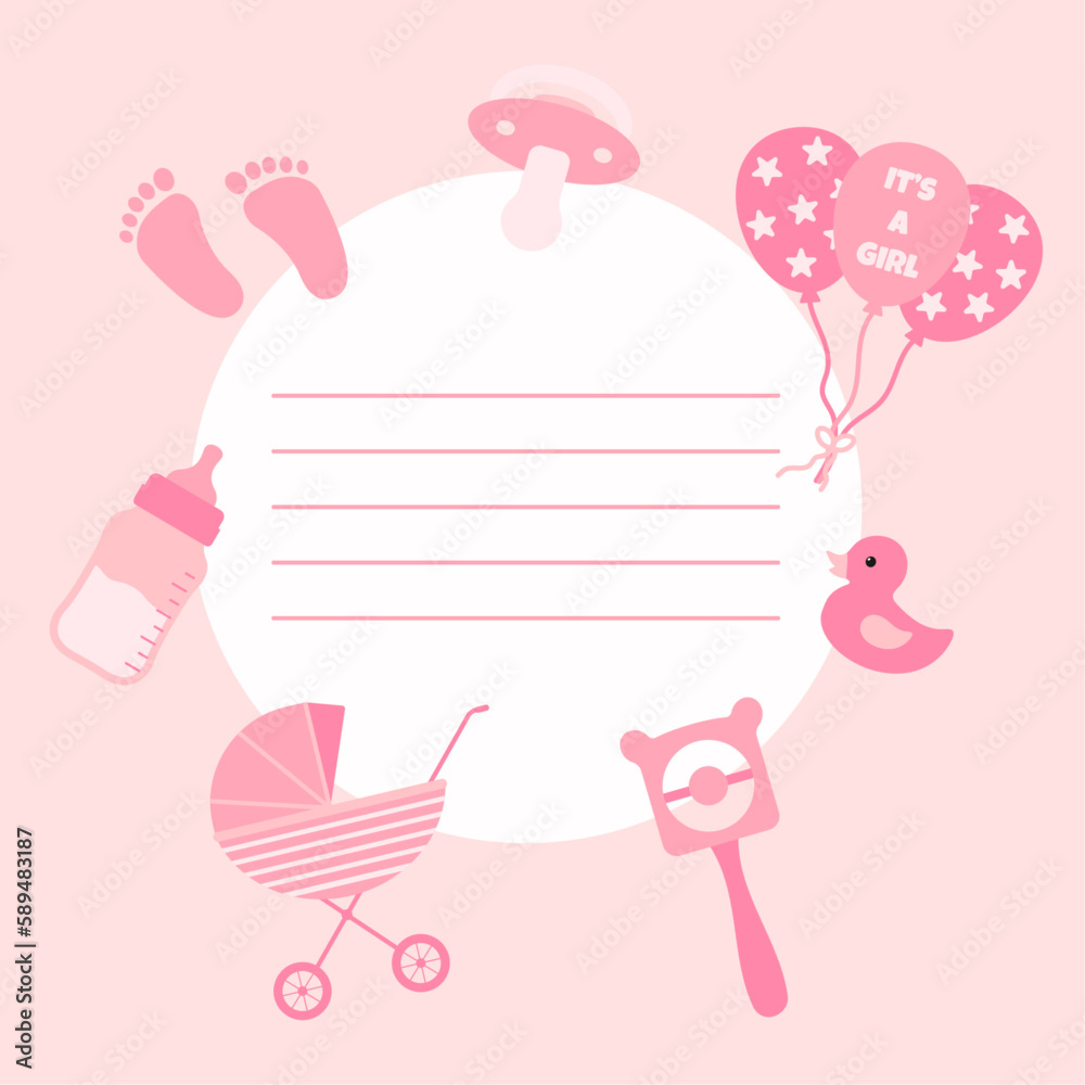 Vector card for a newborn baby girl with baby items