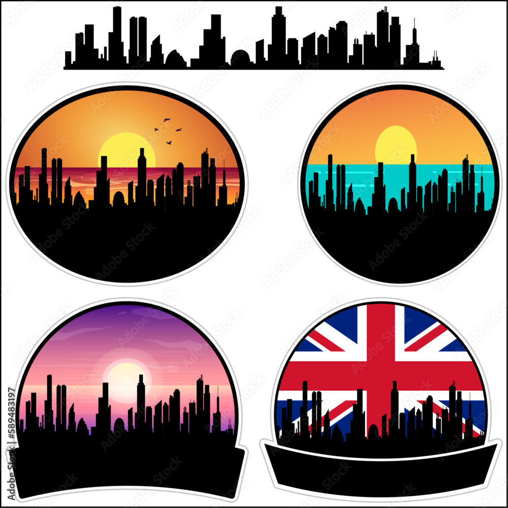Antrim Skyline Silhouette Uk Flag Travel Souvenir Sticker Sunset Background Vector Illustration SVG EPS AI