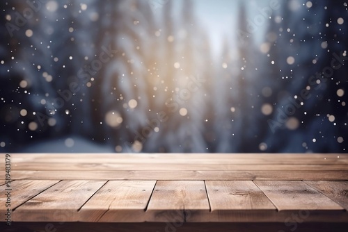 Empty Wooden Table on Snowy Background with Copy Space for Product Display