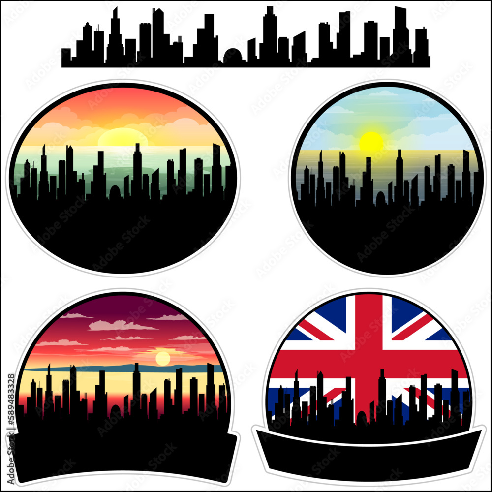 Barrhead Skyline Silhouette Uk Flag Travel Souvenir Sticker Sunset Background Vector Illustration SVG EPS AI