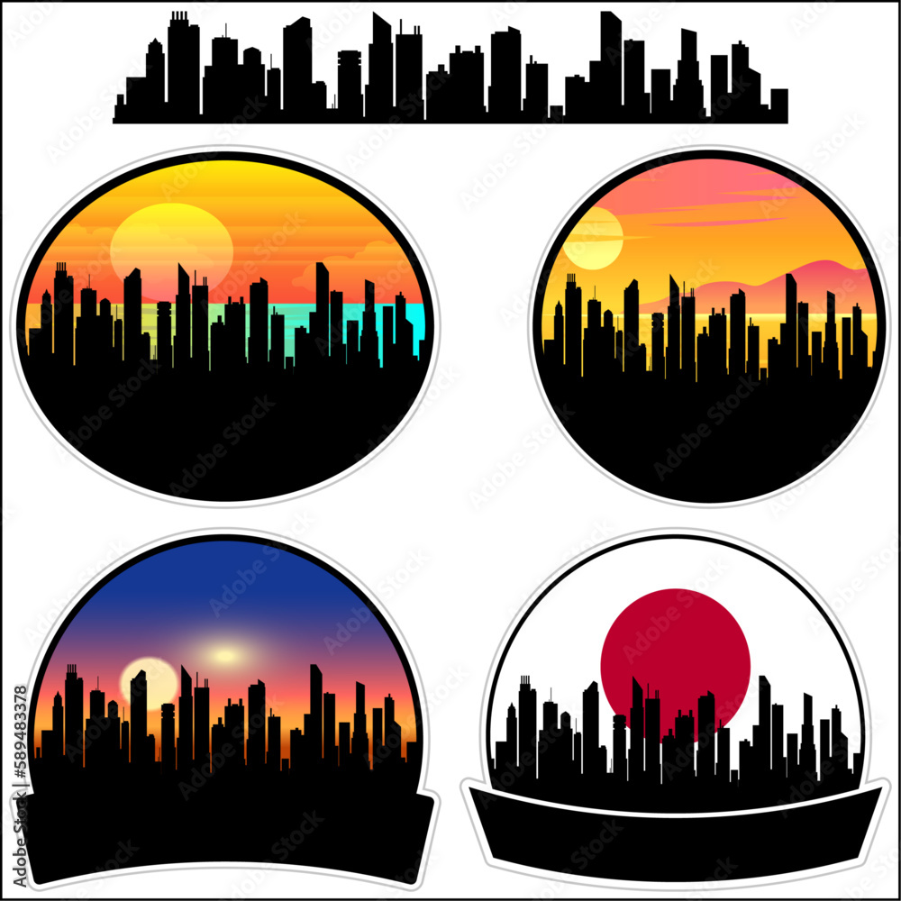 Kamiichi Skyline Silhouette Japan Flag Travel Souvenir Sticker Sunset Background Vector Illustration SVG EPS AI